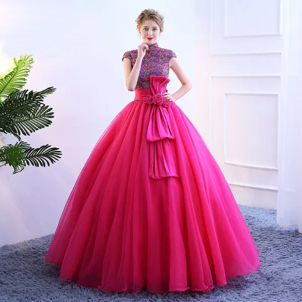 Vintage / Retro Fuchsia Prom Dresses 2019 Ball Gown High Neck Lace Flower Sequins Bow Short Sleeve Floor-Length / Long Formal Dresses