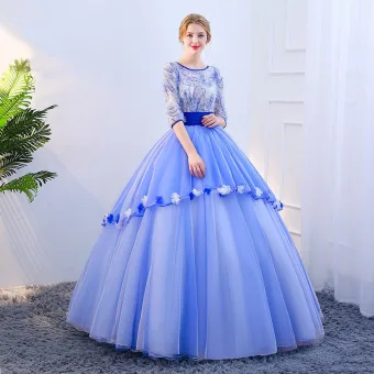 Vintage Originale Bleu Ciel Robe De Bal 2019 Robe Boule Encolure Dégagée Appliques Paillettes Gland 1 2 Manches Dos Nu Longue Robe De Ceremonie