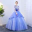 Vintage / Retro Sky Blue Prom Dresses 2019 Ball Gown Scoop Neck Appliques Sequins Tassel 1/2 Sleeves Backless Floor-Length / Long Formal Dresses