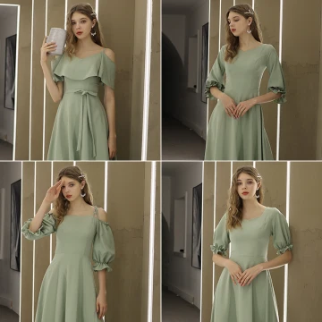 Modest Simple Sage Green Bridesmaid Dresses 2021 A Line Princess Scoop Neck Bow Short Sleeve Backless Bridesmaid Wedding Party Dresses