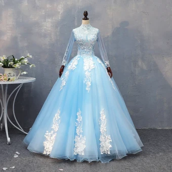 Chic Beautiful Pool Blue Quinceañera Prom Dresses 2018 Ball Gown Lace Appliques Beading High Neck Backless Long Sleeve Floor Length Long Formal Dresses
