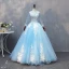 Chic / Beautiful Pool Blue Quinceañera Prom Dresses 2018 Ball Gown Lace Appliques Beading High Neck Backless Long Sleeve Floor-Length / Long Formal Dresses