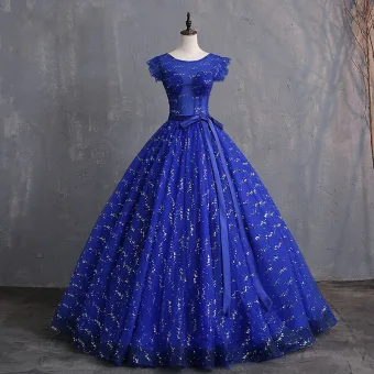 Chic Belle Bleu Roi Robe De Bal 2019 Princesse Encolure Dégagée Noeud Perle Paillettes Sans Manches Dos Nu Longue Robe De Ceremonie