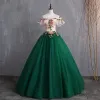 Vintage Ciemnozielony Sukienki Na Bal 2019 Suknia Balowa Aplikacje Z Koronki Przy Ramieniu Kótkie Rękawy Bez Pleców Długie Sukienki Wizytowe