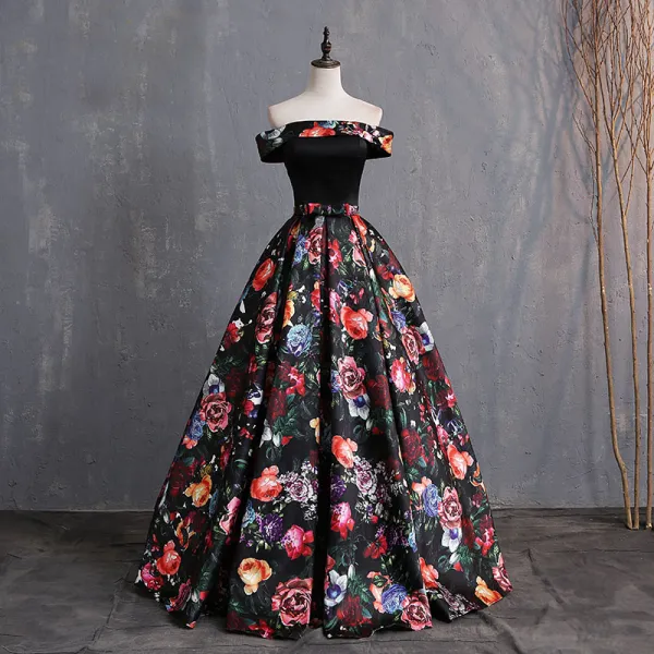 Vintage / Retro Multi-Colors Printing Prom Dresses 2019 Ball Gown Off-The-Shoulder Bow Short Sleeve Backless Floor-Length / Long Formal Dresses