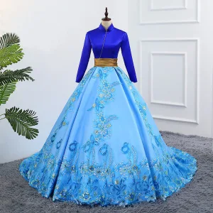Vintage Blå Ballkjoler 2019 Prinsesse Høy Hals Blonder Blomst Paljetter Langermede Ryggløse Chapel Train Formelle Kjoler