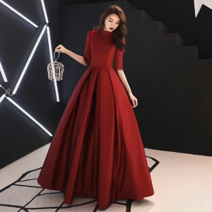 Vintage Originale Simple Bordeaux Robe De Bal 2019 Princesse Col Haut 1 2 Manches Longue Robe De Ceremonie