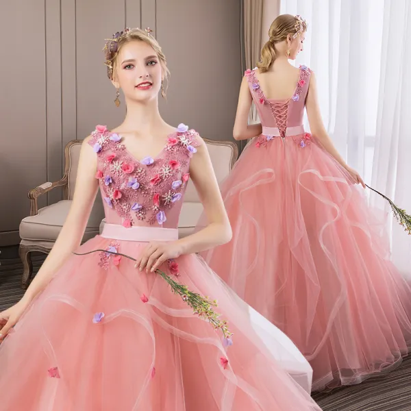 Flower Fairy Blushing Pink Prom Dresses 2019 A-Line / Princess V-Neck Pearl Lace Flower Appliques Sleeveless Backless Cascading Ruffles Floor-Length / Long Formal Dresses