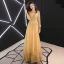 Chic / Beautiful Gold Evening Dresses  2019 A-Line / Princess Scoop Neck Beading Pearl Lace Flower Rhinestone 3/4 Sleeve Backless Floor-Length / Long Formal Dresses