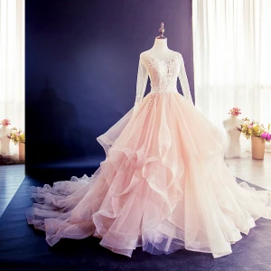 Elegant Champagne Puffy Brudekjoler 2018 Ballkjole Blonder Blomst Gripende Ruffles Scoop Halsen Langermede Royal Train Bryllup