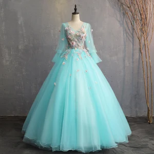 Chic Belle Vert Jade Robe De Bal 2019 Princesse V Cou En Dentelle Fleur Appliques Perle Manches Longues Dos Nu Longue Robe De Ceremonie
