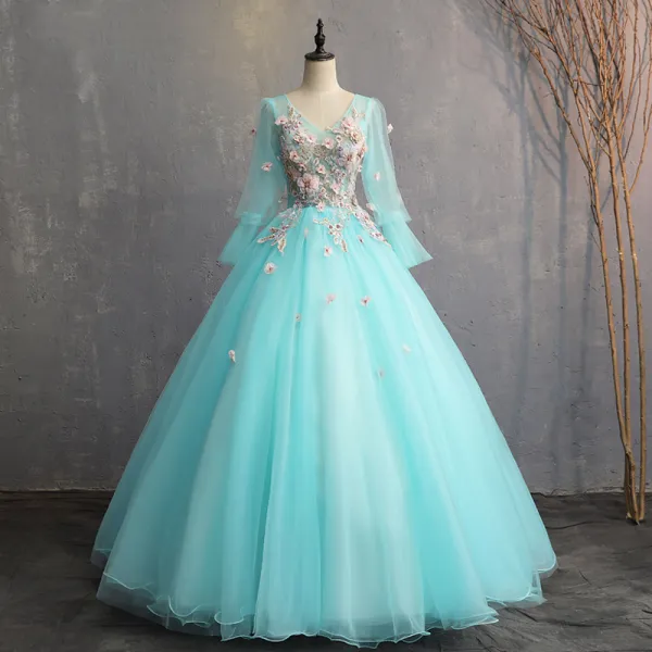 Chic / Beautiful Jade Green Prom Dresses 2019 A-Line / Princess V-Neck Lace Flower Appliques Pearl Long Sleeve Backless Floor-Length / Long Formal Dresses