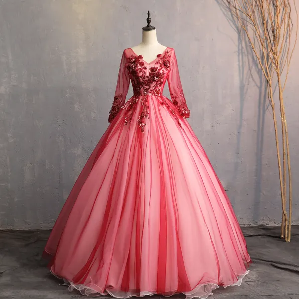 Vintage Retro Burgundy Prom Dresses 2019 A Line Princess V Neck Beading Pearl Crystal Lace Flower