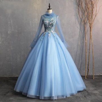 Vintage Azul Cielo 2019 A Line Princess Vestidos Formales Cuello Alto Rebordear Perla Apliques Con Encaje Manga Larga Sin Espalda Largos Vestidos De Gala