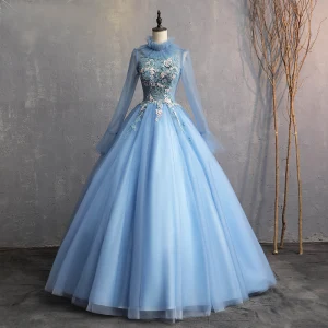 Vintage Himmelblau 2019 A Linie Festliche Kleider Stehkragen Perlenstickerei Perle Applikationen Spitze Lange Ärmel Rückenfreies Lange Ballkleider