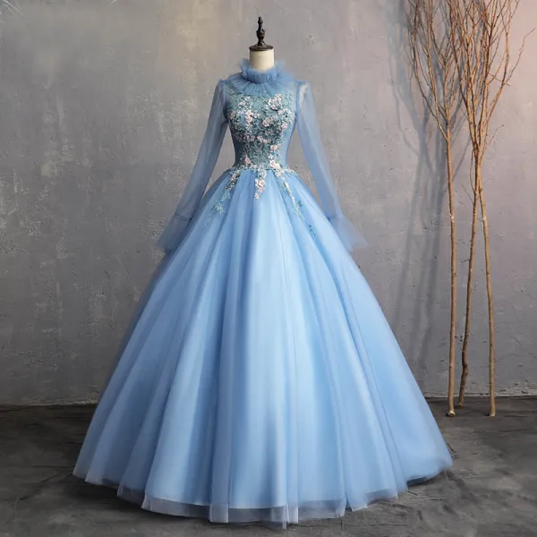 Vintage / Originale Bleu Ciel 2019 Princesse Robe De Ceremonie Col Haut Perlage Perle Appliques En Dentelle Manches Longues Dos Nu Longue Robe De Bal