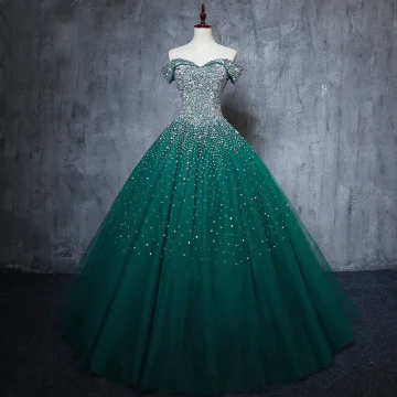 Vintage Retro Dark Green Handmade Beading Prom Dresses 2019 A Line Princess Off The Shoulder Sequins Sleeveless Backless Floor Length Long Formal Dresses