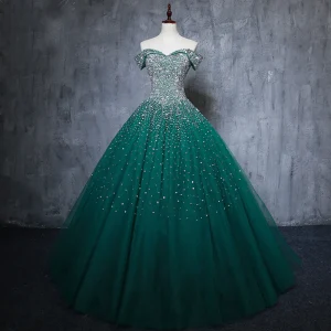 Vintage Ciemnozielony Wykonany Ręcznie Frezowanie Sukienki Na Bal 2019 Princessa Przy Ramieniu Cekiny Bez Rękawów Bez Pleców Długie Sukienki Wizytowe
