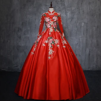 Style Chinois Rouge Robe De Bal 2019 Princesse Col Haut Appliques En Dentelle Perle 3 4 Manches Dos Nu Longue Robe De Ceremonie