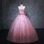 Vintage / Retro Candy Pink Prom Dresses 2019 Ball Gown V-Neck Suede Pearl Appliques Sleeveless Backless Floor-Length / Long Formal Dresses