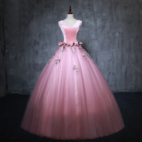Vintage / Retro Candy Pink Prom Dresses 2019 Ball Gown V-Neck Suede Pearl Appliques Sleeveless Backless Floor-Length / Long Formal Dresses