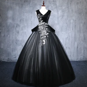 Élégant Noire Robe De Bal 2019 Robe Boule V Cou Daim Appliques En Dentelle Cristal Sans Manches Dos Nu Longue Robe De Ceremonie