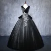Elegant Black Prom Dresses 2019 Ball Gown V-Neck Suede Appliques Lace Crystal Sleeveless Backless Floor-Length / Long Formal Dresses