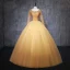 Chic / Belle Doré Robe De Bal 2019 Robe Boule Encolure Dégagée Perlage Cristal Paillettes Manches Longues Dos Nu Noeud Longue Robe De Ceremonie