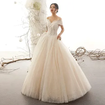 Charming Champagne Wedding Dresses 2019 A Line Princess Off The Shoulder Pearl Lace Flower Sequins Short Sleeve Backless Floor Length Long
