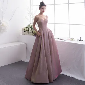 Chic Beautiful Blushing Pink Evening Dresses 2019 A Line Princess Spaghetti Straps Glitter Polyester Sleeveless Backless Floor Length Long Formal Dresses