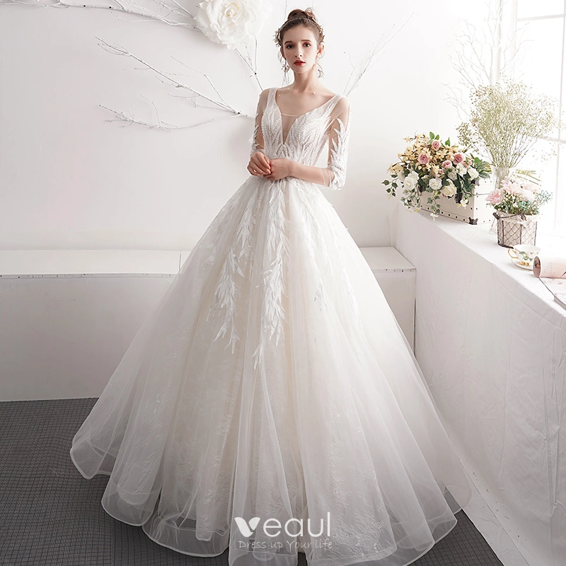 Chic / Beautiful Ivory Wedding Dresses 2019 A-Line / Princess V-Neck  Beading Pearl Lace Flower 3/4 Sleeve Backless Floor-Length / Long