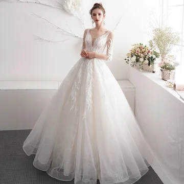 Chic Beautiful Ivory Wedding Dresses 2019 A Line Princess V Neck Beading Pearl Lace Flower 3 4 Sleeve Backless Floor Length Long