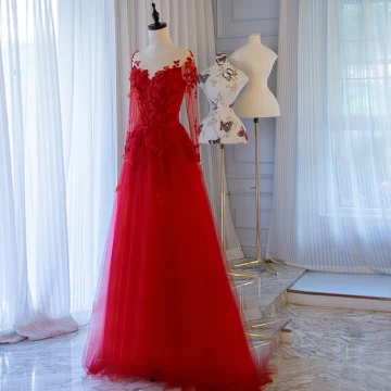 Chic Beautiful Burgundy Evening Dresses 2019 A Line Princess Scoop Neck Beading Crystal Lace Flower Appliques 3 4 Sleeve Sweep Train Formal Dresses