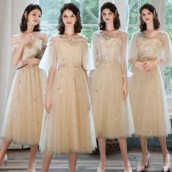 Chic Belle Champagne Robe Demoiselle D Honneur 2021 Princesse Encolure Dégagée En Dentelle Fleur Appliques Faux Diamant Manches Courtes Dos Nu Thé Longueur Robe Pour Mariage
