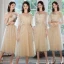Chic / Beautiful Champagne Bridesmaid Dresses 2021 A-Line / Princess Scoop Neck Lace Flower Appliques Rhinestone Short Sleeve Backless Tea-length Wedding Party Dresses