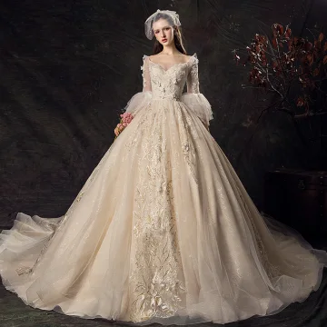Style Audrey Hepburn Champagne Robe De Mariée 2019 Robe Boule V Cou En Dentelle Fleur Manches De Cloche Dos Nu Royal Train