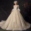 Audrey Hepburn Style Champagne Wedding Dresses 2019 Ball Gown V-Neck Lace Flower Bell sleeves Backless Royal Train