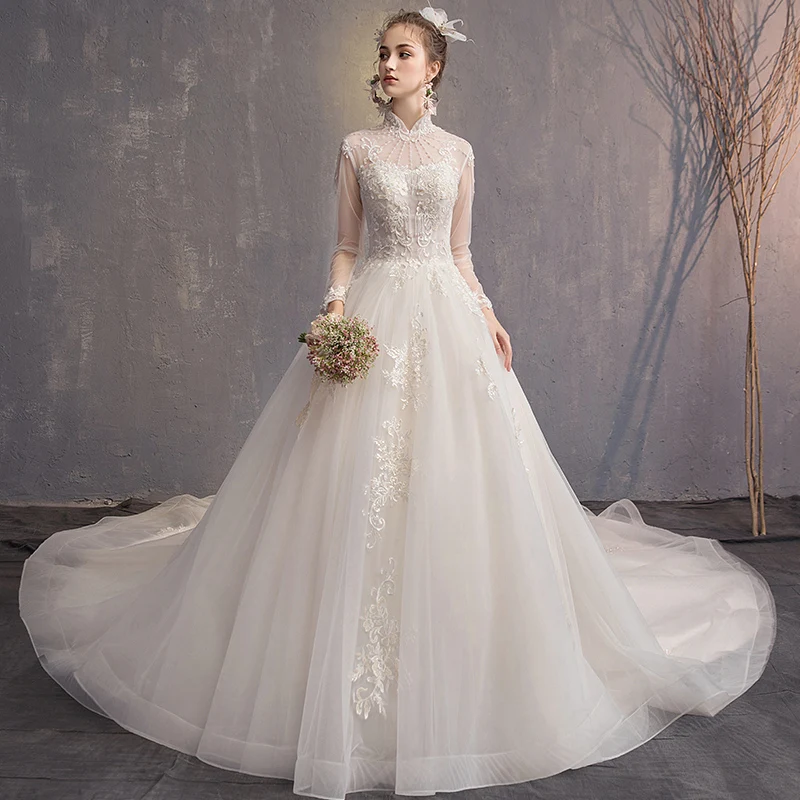chinese dress ladies Luxury Beaded Lace Long Sleeve Champagne Wedding Dresses VW1355 – Viniodress
