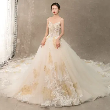 Charming Champagne Wedding Dresses 2019 A Line Princess Spaghetti Straps Beading Pearl Lace Flower Sleeveless Backless Royal Train