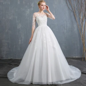 Affordable Ivory Wedding Dresses 2019 A Line Princess Scoop Neck Lace Flower 1 2 Sleeves Backless Court Train