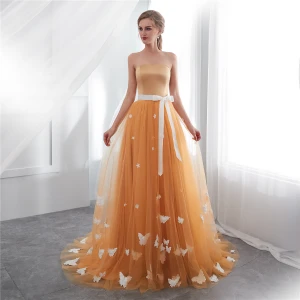 Chic Belle Orange Robe De Bal 2019 Princesse Bustier Papillon Appliques Noeud Sans Manches Dos Nu Train De Balayage Robe De Ceremonie
