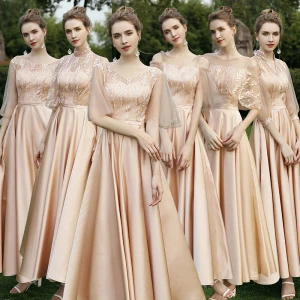Enkel Champagne Satin Brodert Brudepikekjoler 2021 Prinsesse Scoop Halsen 1 2 Ermer Ryggløse Lange Kjoler Til Bryllup