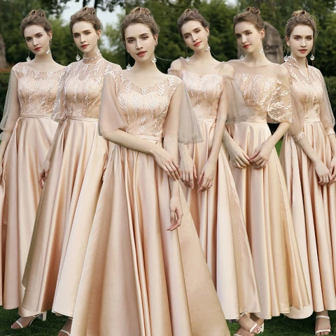 Modest / Simple Champagne Satin Embroidered Bridesmaid Dresses 2021 A-Line / Princess Scoop Neck 1/2 Sleeves Backless Floor-Length / Long Wedding Party Dresses