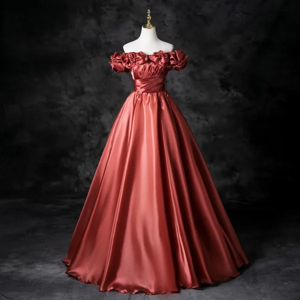 Elegant Watermelon Prom Dresses 2025 Ball Gown Off-The-Shoulder Ruffle Short Sleeve Backless Floor-Length / Long Prom Formal Dresses