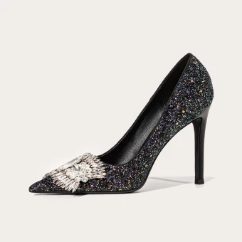 Scintillantes Noire Soirée Paillettes Faux Diamant Escarpins 2021 Cuir 10 Cm Talons Aiguilles À Bout Pointu Escarpins Talons Hauts