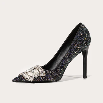 Scintillantes Noire Soirée Paillettes Faux Diamant Escarpins 2021 Cuir 10 Cm Talons Aiguilles À Bout Pointu Escarpins Talons Hauts