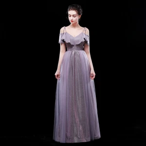 Chic Beautiful Purple Evening Dresses 2019 A Line Princess Spaghetti Straps Glitter Polyester Short Sleeve Backless Floor Length Long Formal Dresses