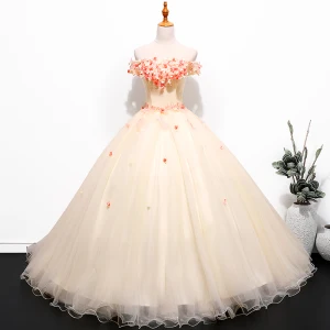 Snygga Fina Champagne Balklänningar 2019 Balklänning Av Axeln Spets Blomma Appliqués Korta Ärm Halterneck Långa Formella Klänningar
