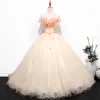 Chic / Beautiful Champagne Prom Dresses 2019 Ball Gown Off-The-Shoulder Lace Flower Appliques Short Sleeve Backless Floor-Length / Long Formal Dresses