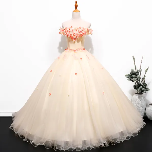 Chic / Beautiful Champagne Prom Dresses 2019 Ball Gown Off-The-Shoulder Lace Flower Appliques Short Sleeve Backless Floor-Length / Long Formal Dresses